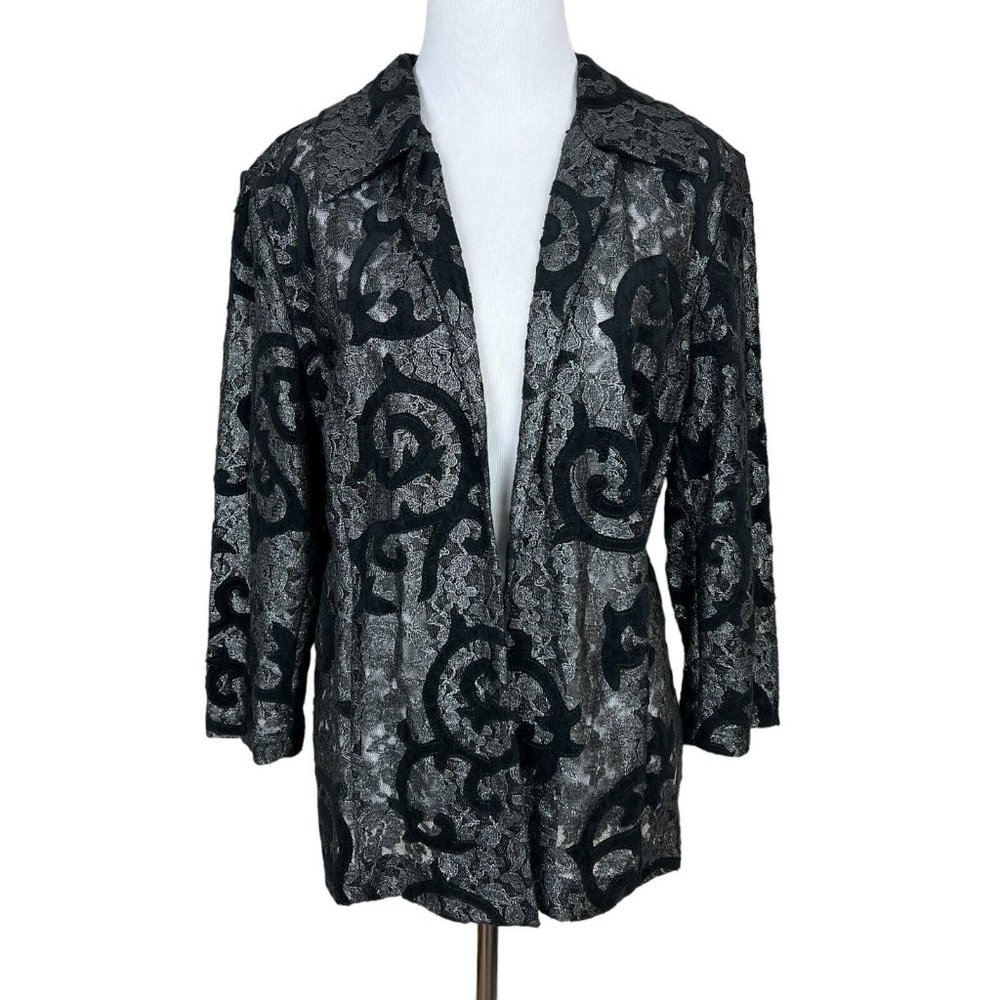 Chicos 2 Blazer Jacket Women Large Black Floral Lace Open Front 3/4 Sleeve Sheer